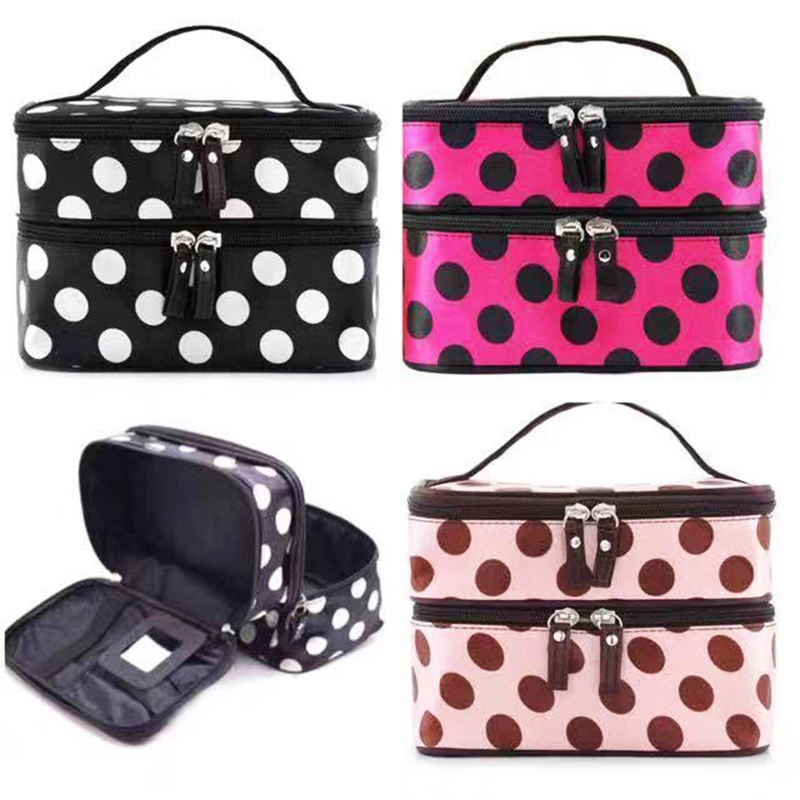 Polka Dot Double Layer Makeup Bag with Mirror