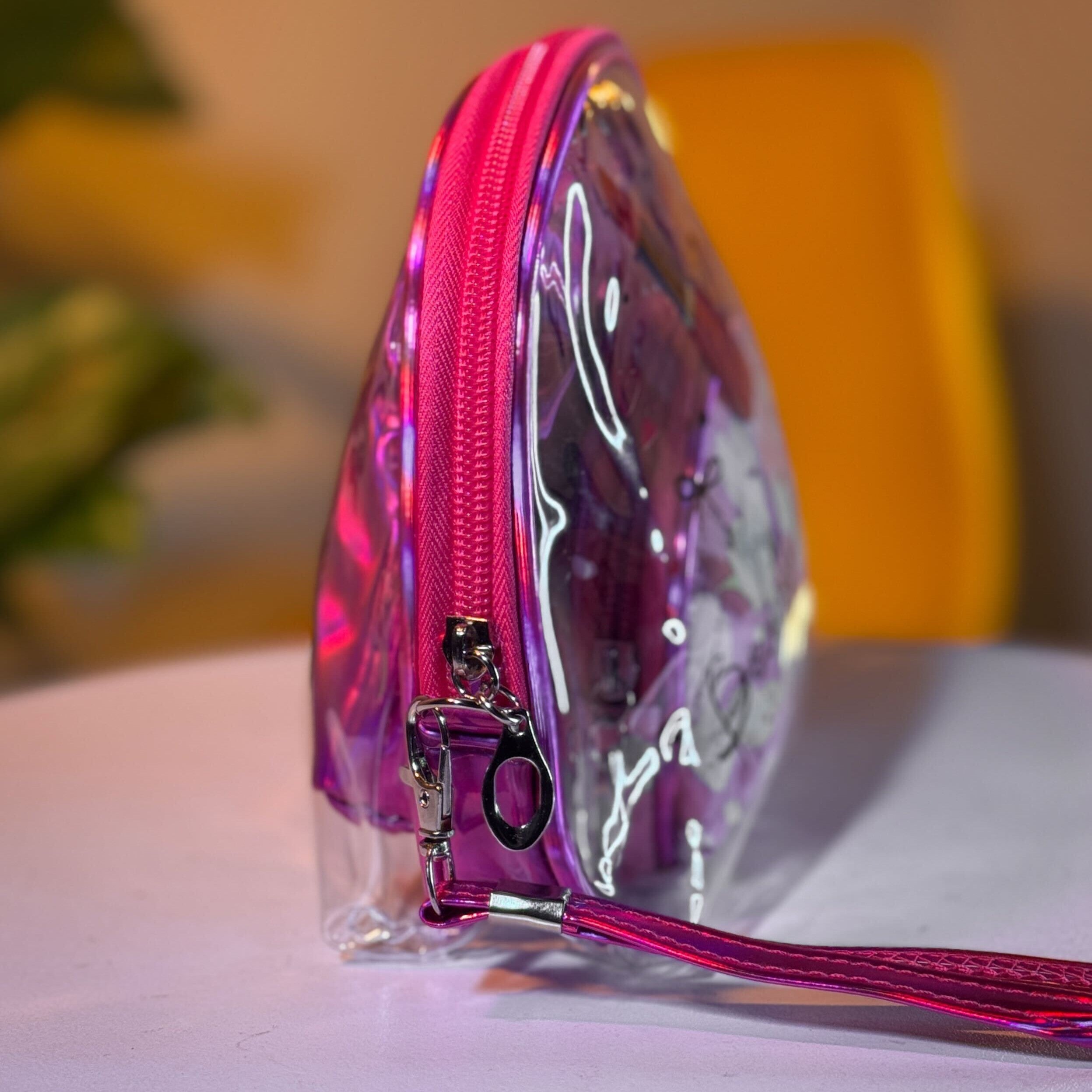 Makeup Bag Set – Clear Pink Organizer with Rainbow and Holographic Pouches