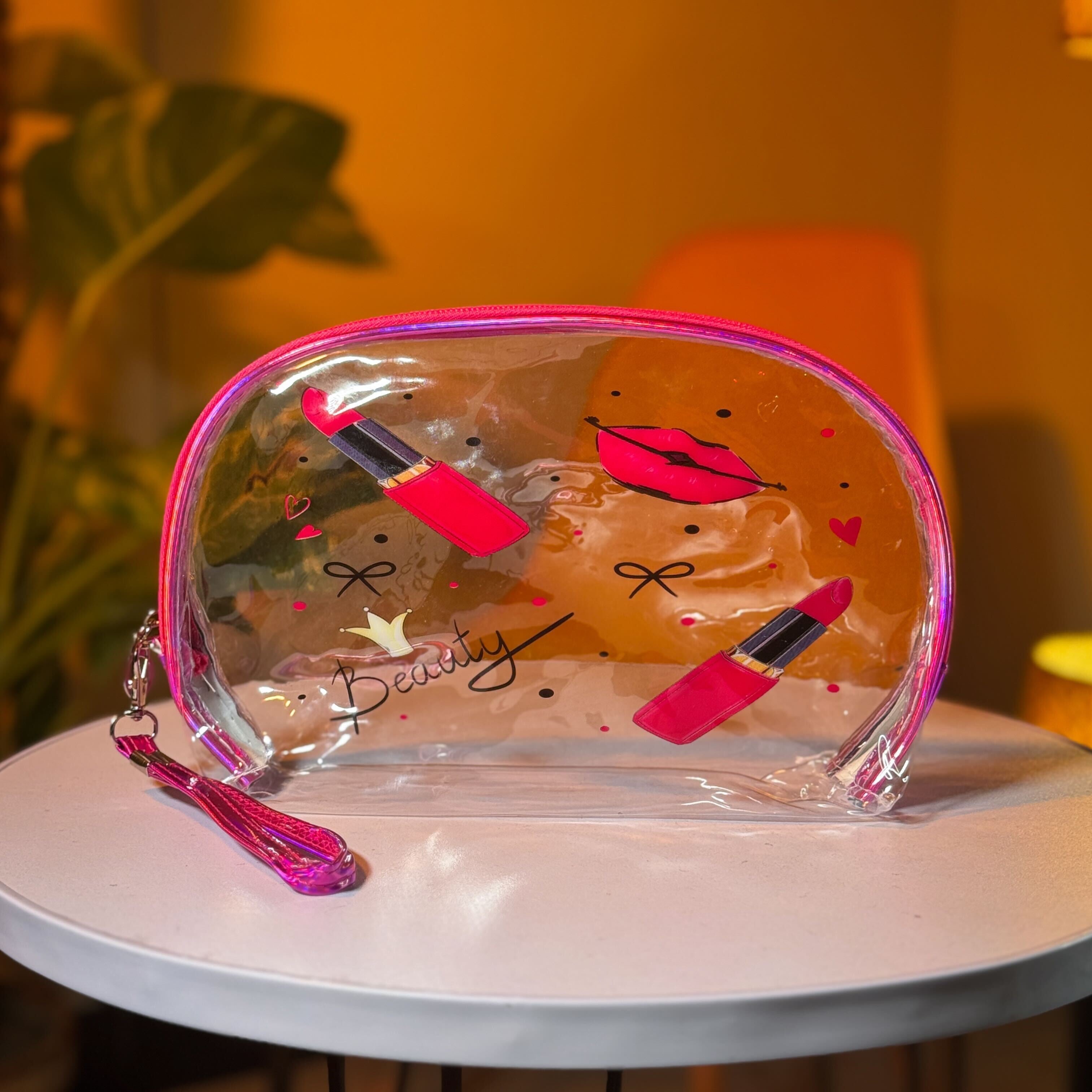 Makeup Bag Set – Clear Pink Organizer with Rainbow and Holographic Pouches