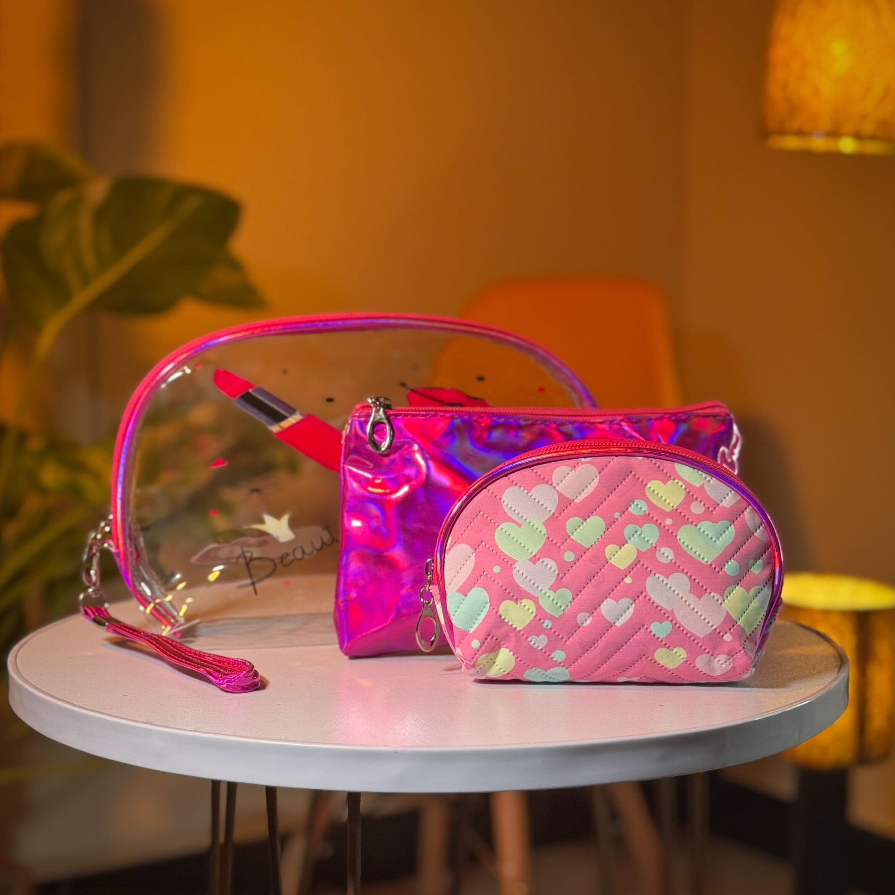 Makeup Bag Set – Clear Pink Organizer with Rainbow and Holographic Pouches