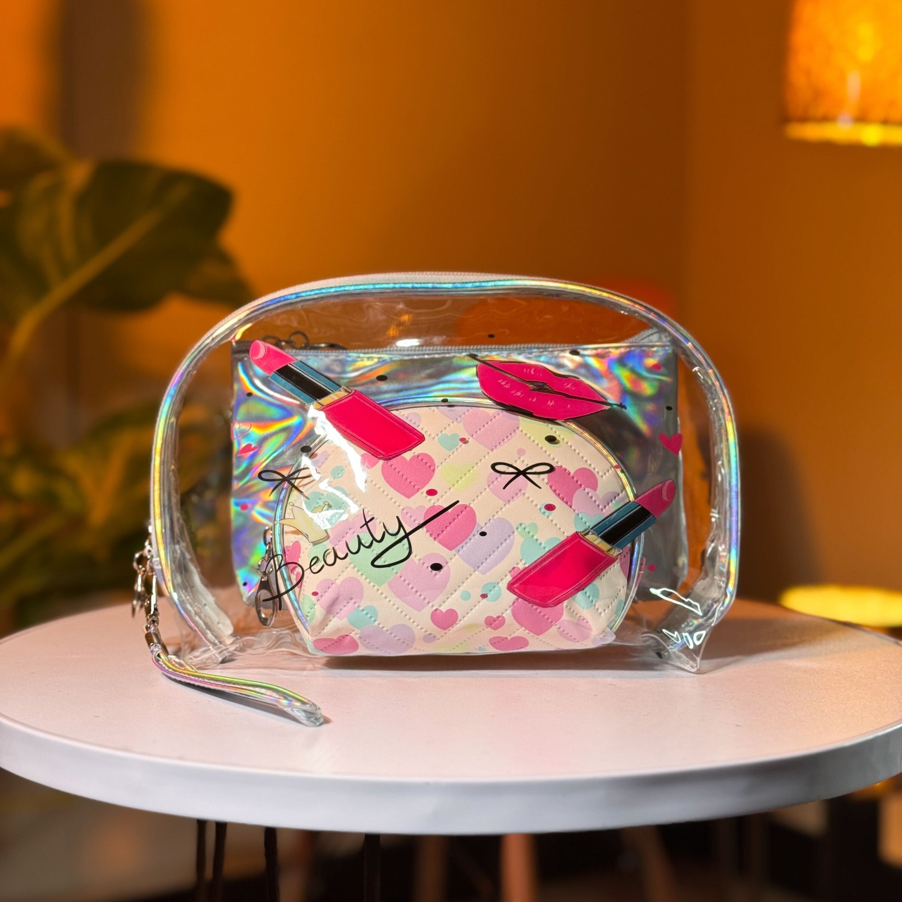Makeup Bag Set – Clear Pink Organizer with Rainbow and Holographic Pouches