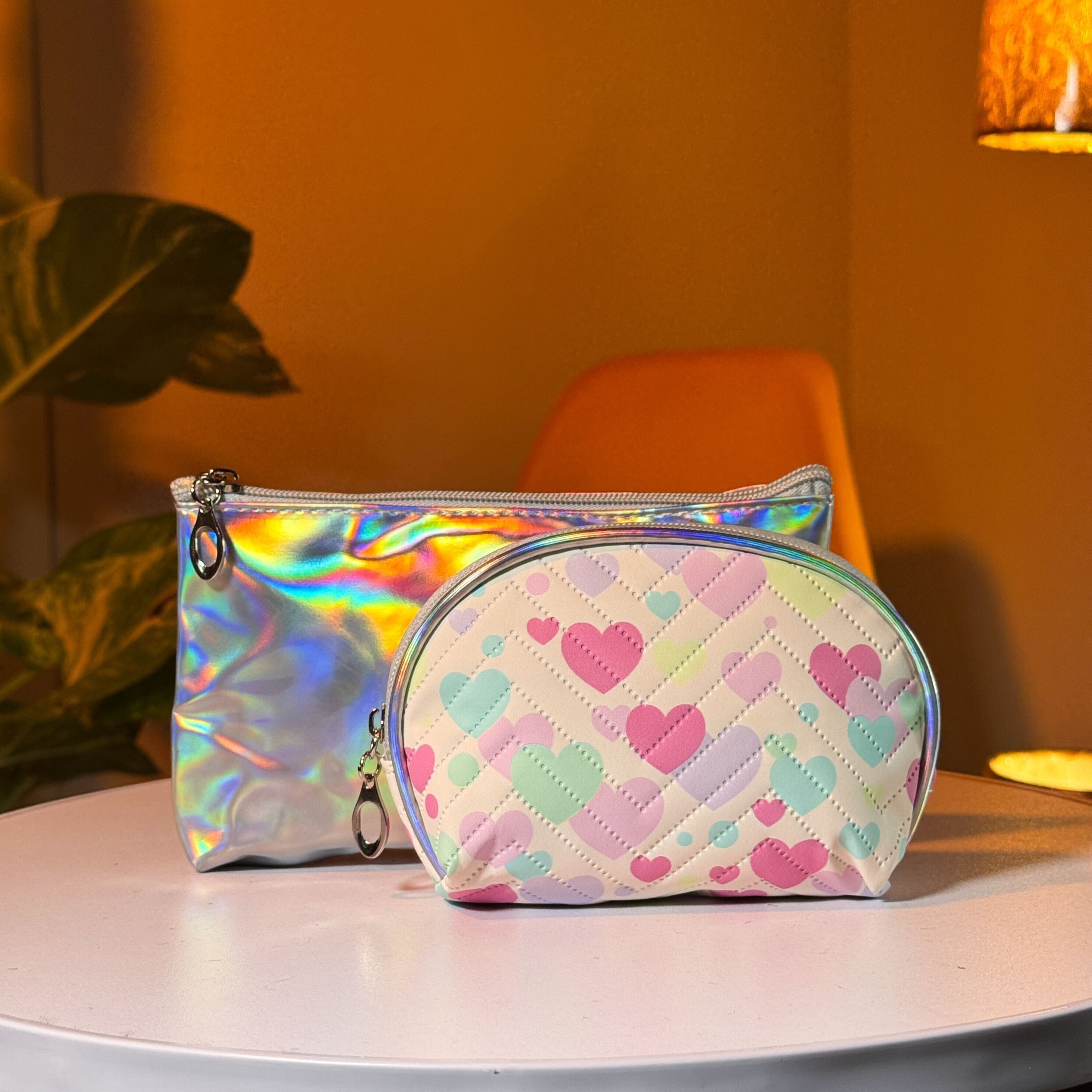 Makeup Bag Set – Clear Pink Organizer with Rainbow and Holographic Pouches