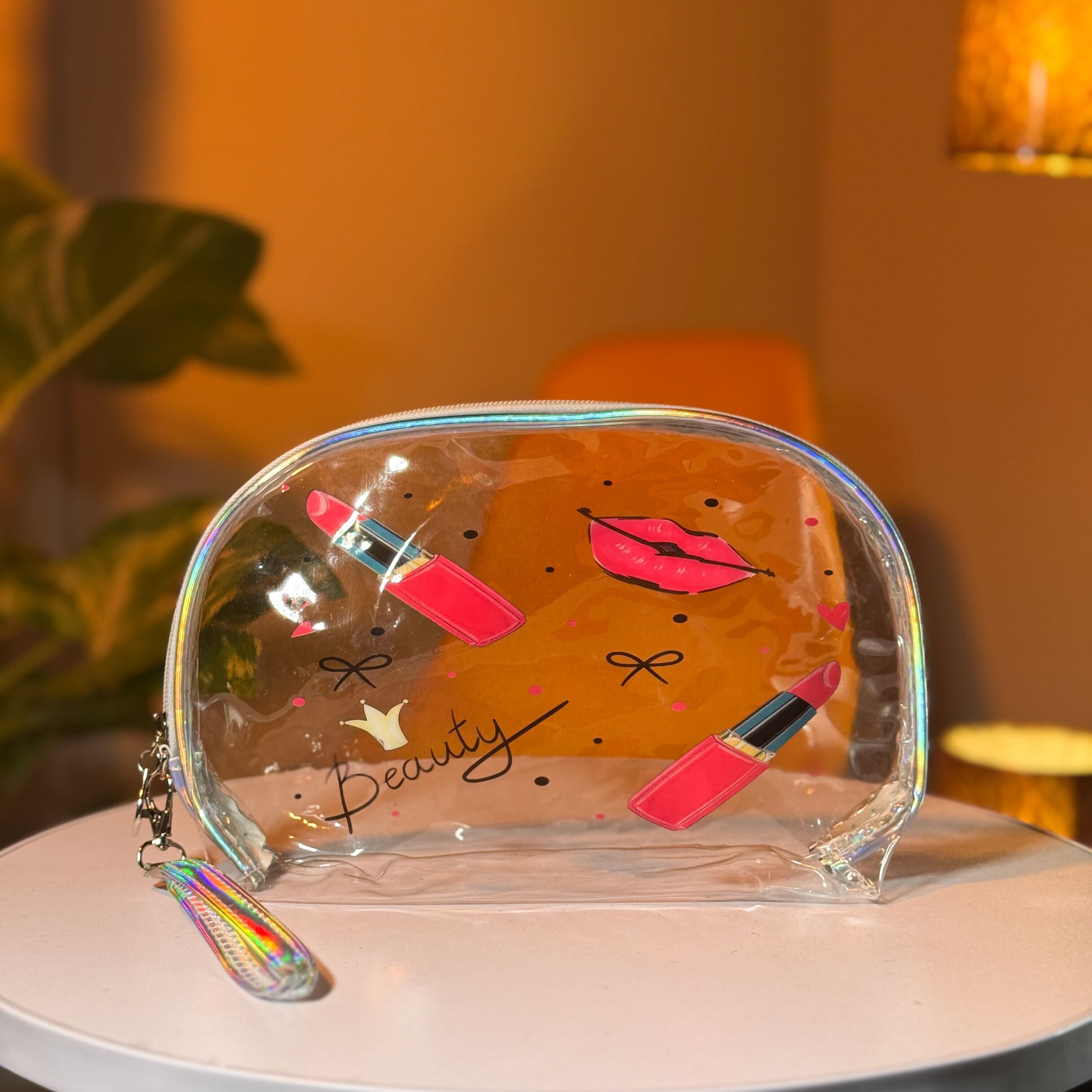 Makeup Bag Set – Clear Pink Organizer with Rainbow and Holographic Pouches