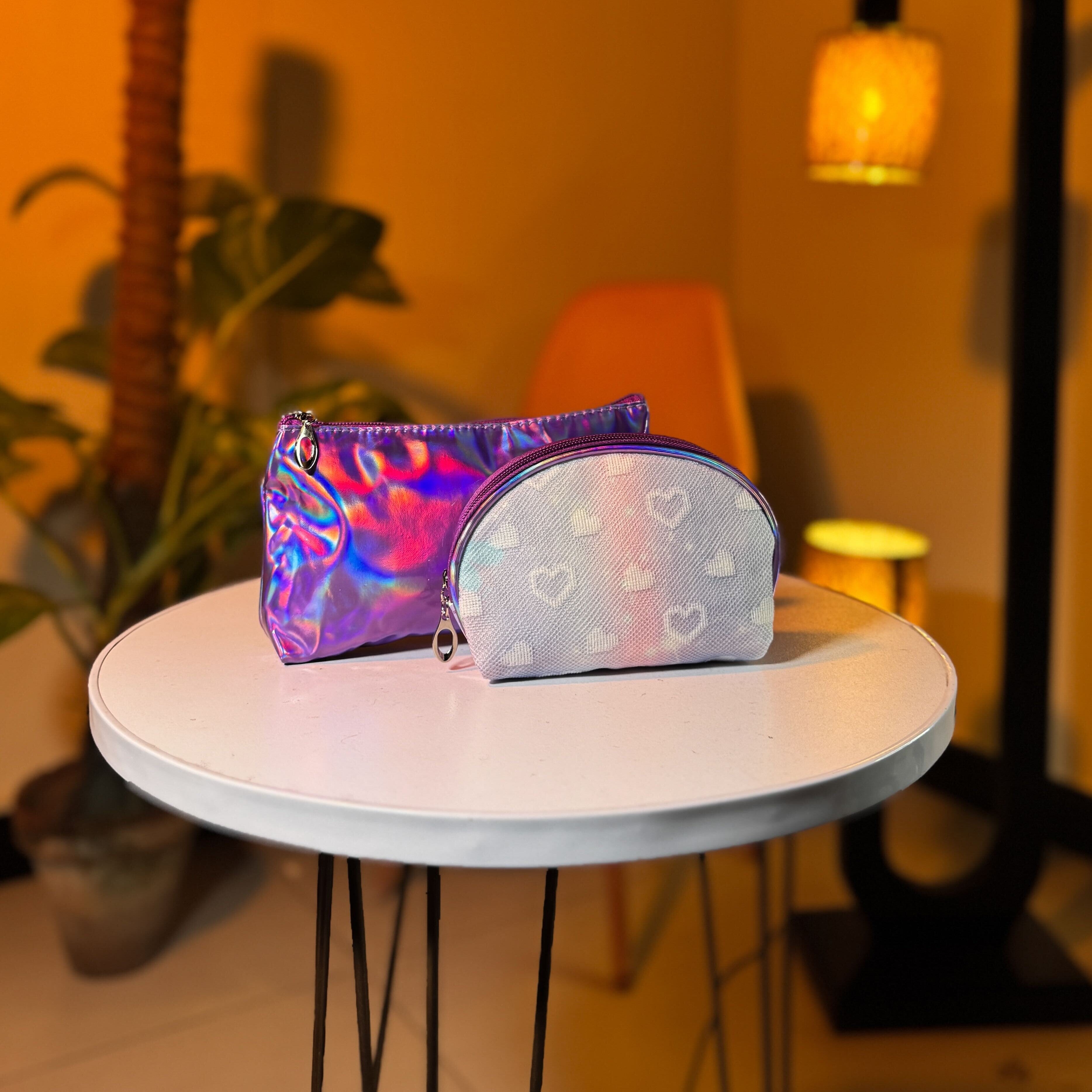 Makeup Bag Set – Clear Pink Organizer with Rainbow and Holographic Pouches