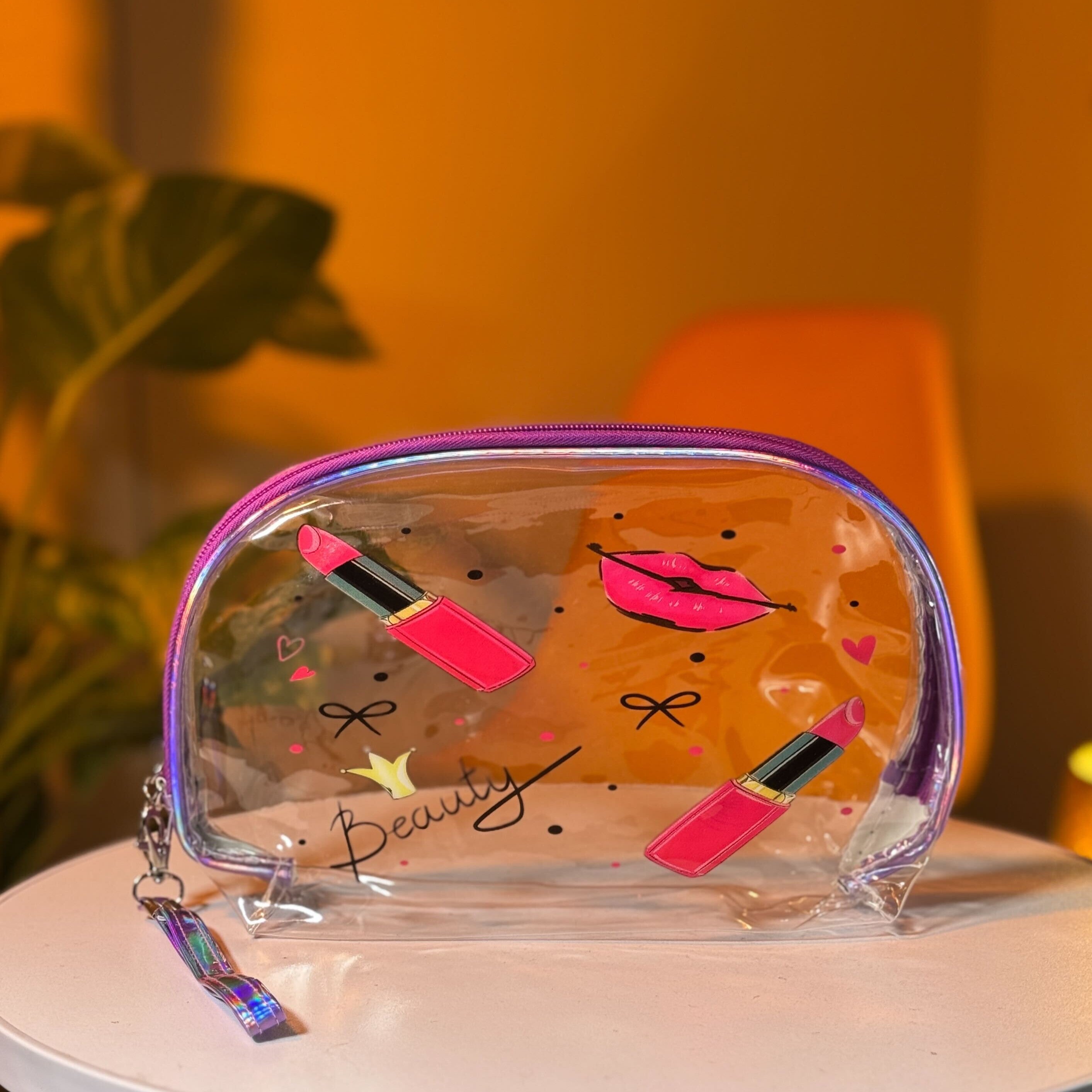 Makeup Bag Set – Clear Pink Organizer with Rainbow and Holographic Pouches