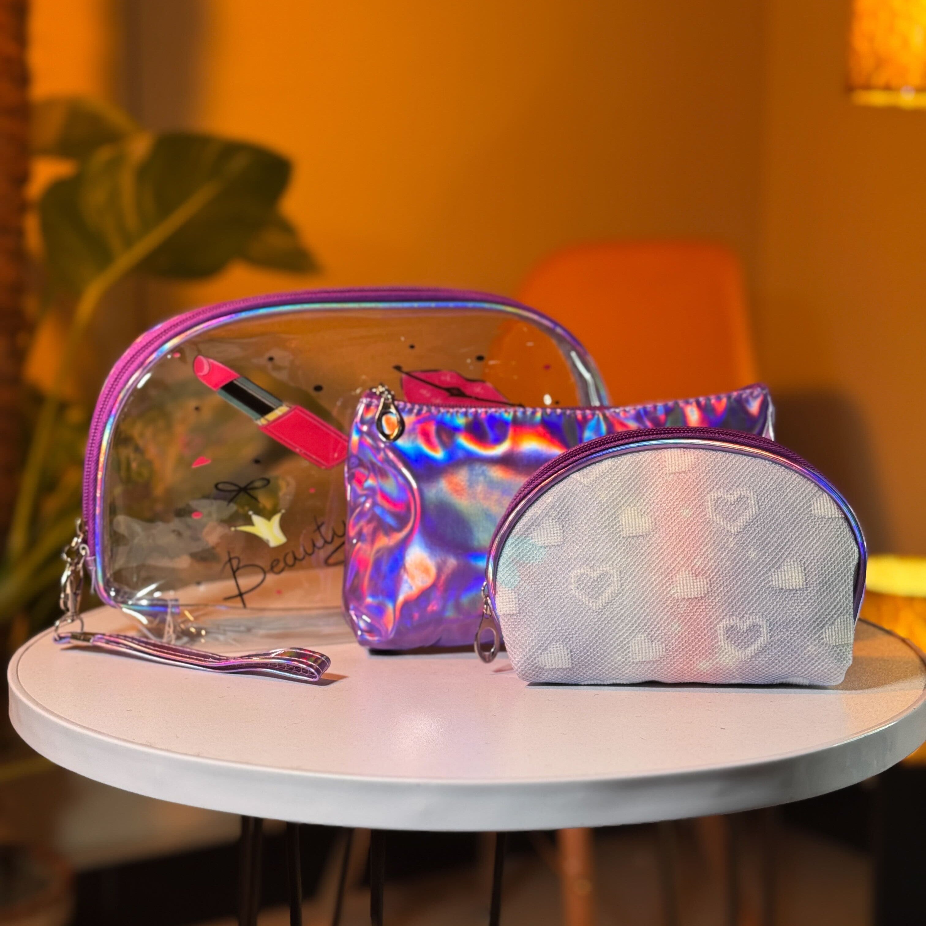 Makeup Bag Set – Clear Pink Organizer with Rainbow and Holographic Pouches
