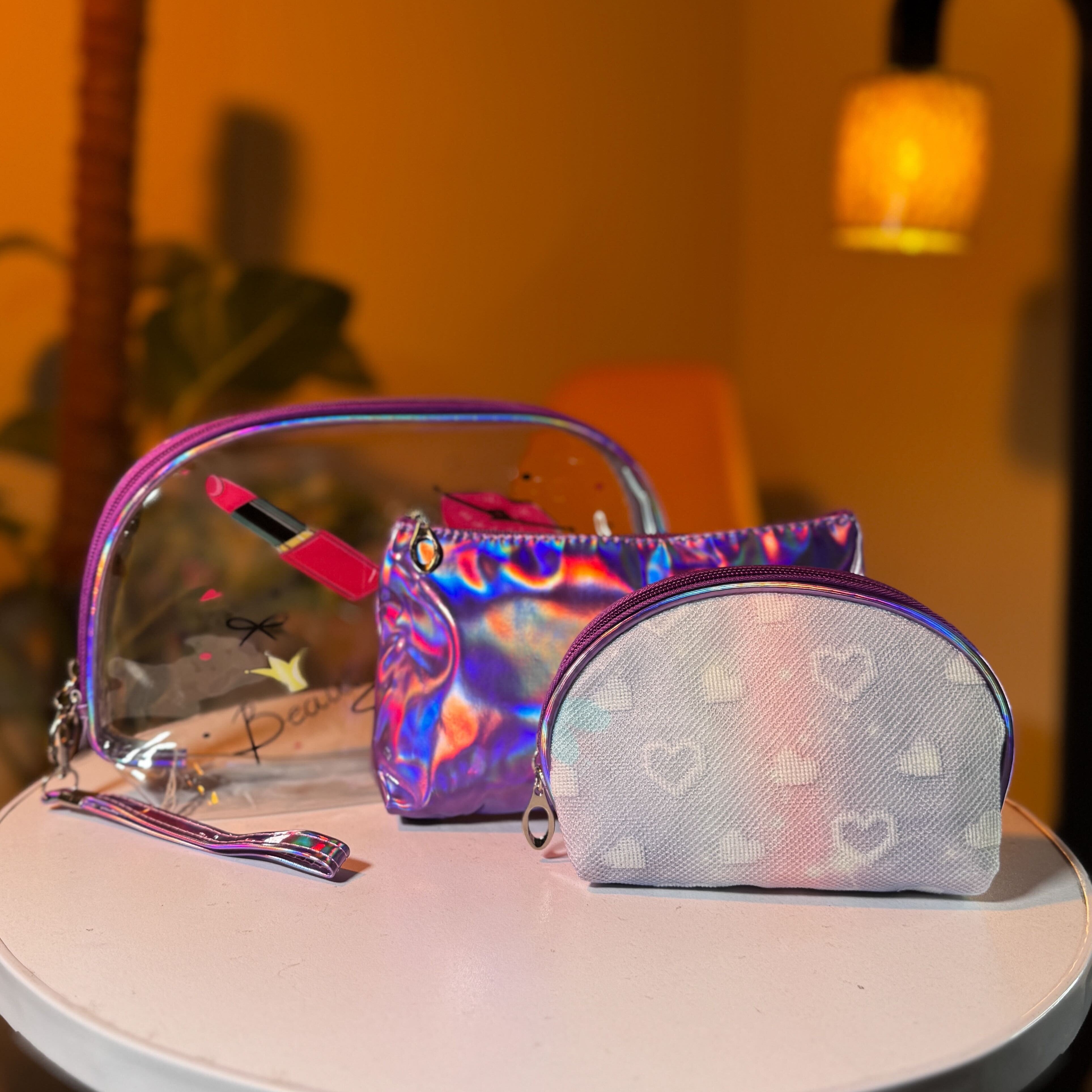 Makeup Bag Set – Clear Pink Organizer with Rainbow and Holographic Pouches