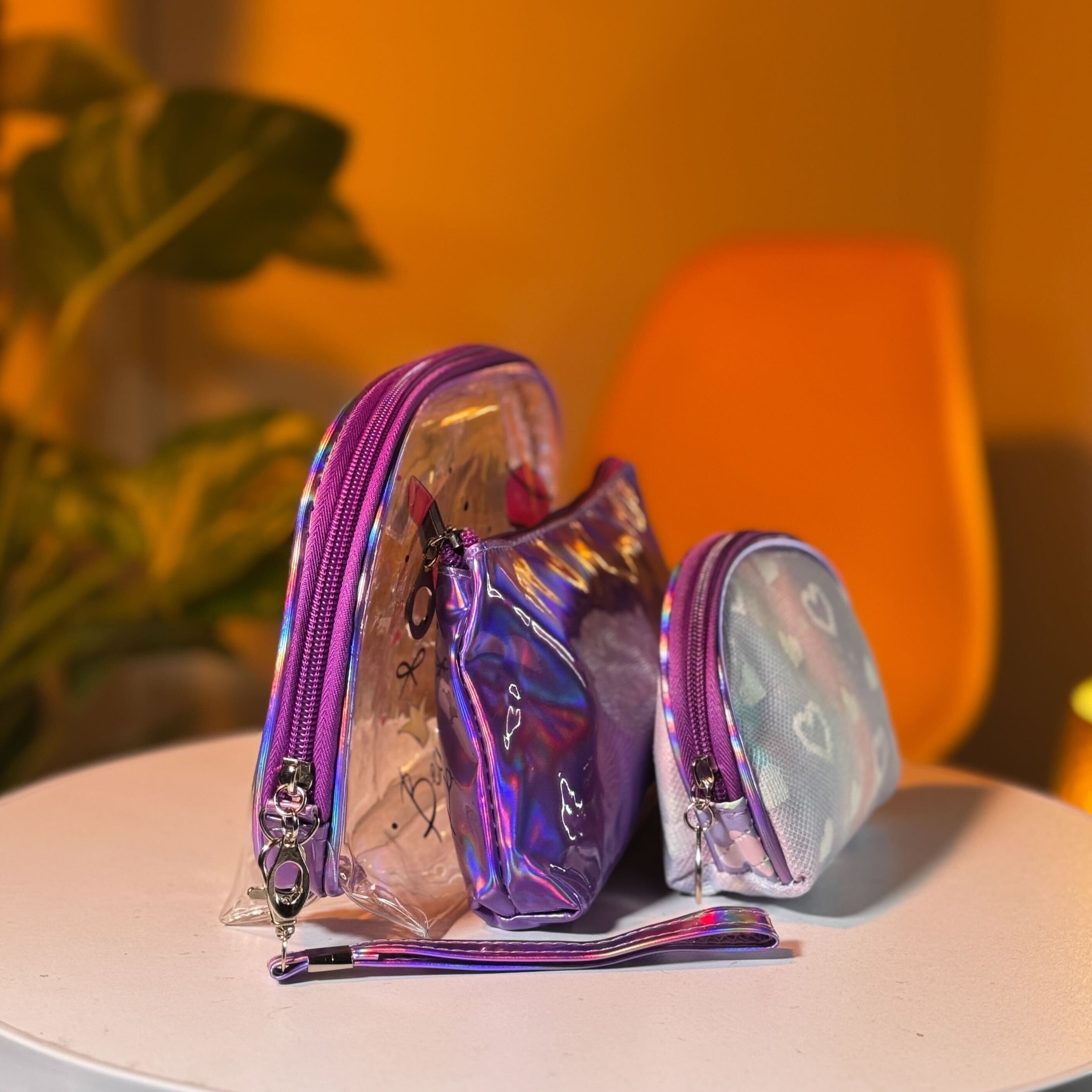 Makeup Bag Set – Clear Pink Organizer with Rainbow and Holographic Pouches