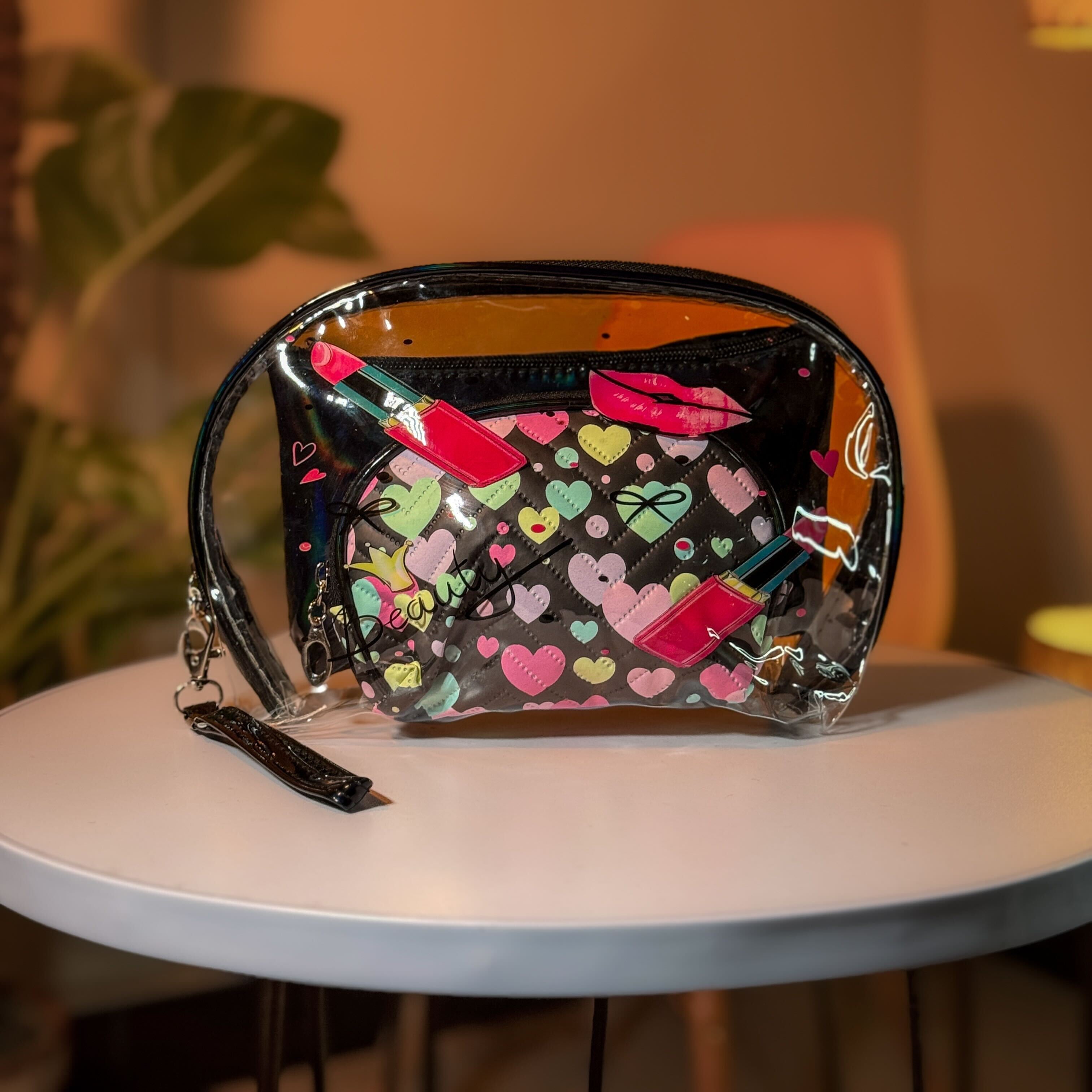 Makeup Bag Set – Clear Pink Organizer with Rainbow and Holographic Pouches