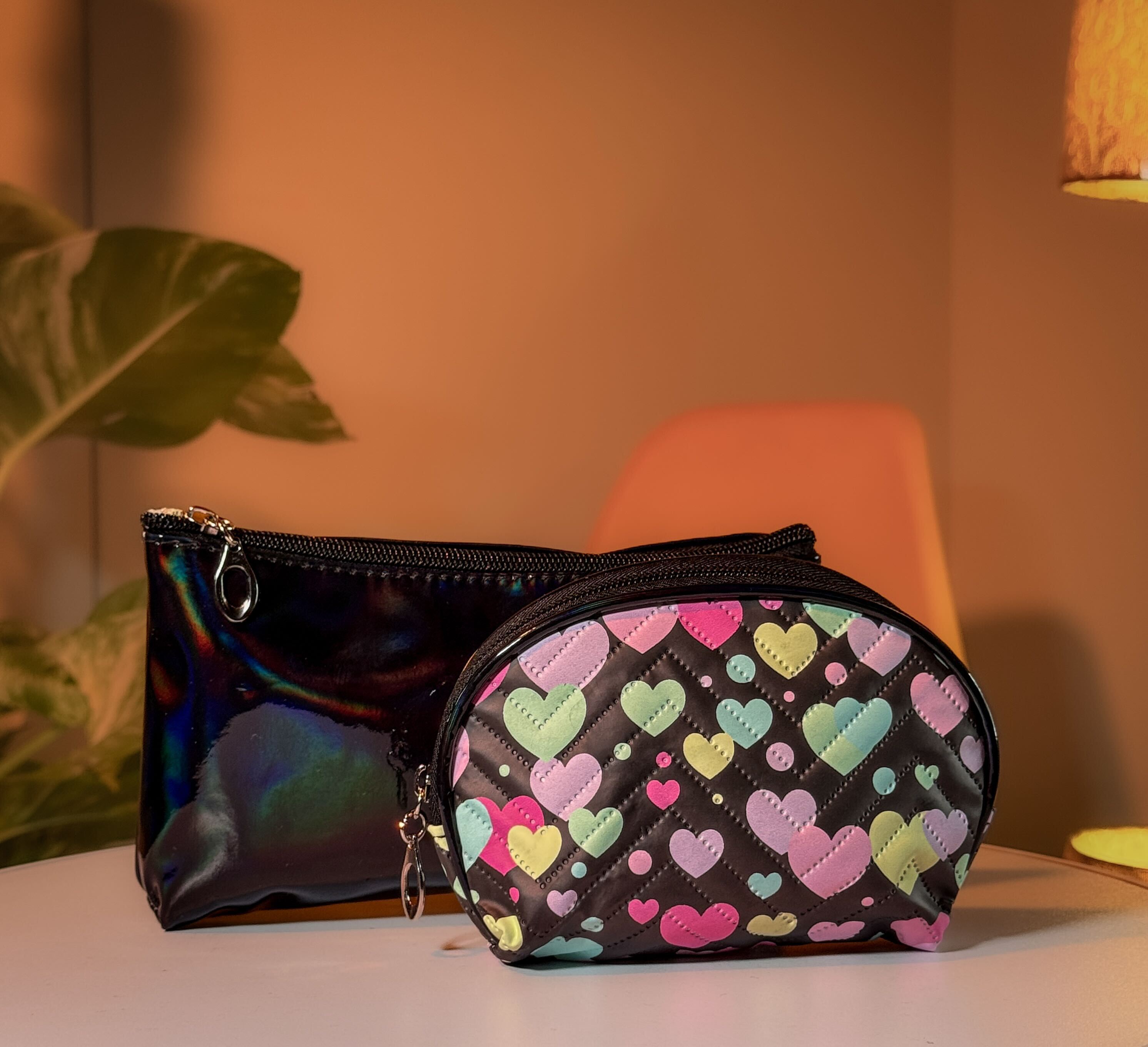 Makeup Bag Set – Clear Pink Organizer with Rainbow and Holographic Pouches