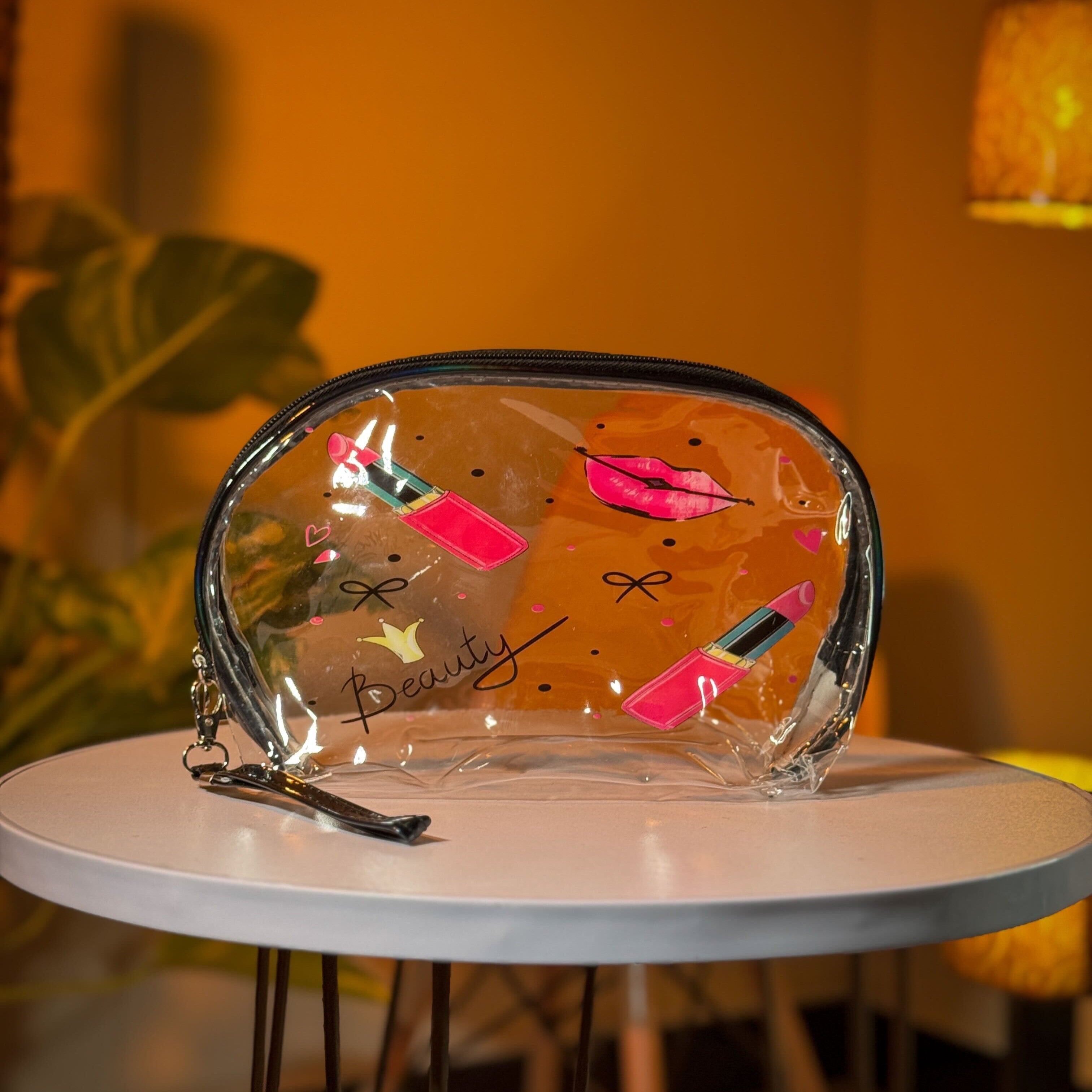 Makeup Bag Set – Clear Pink Organizer with Rainbow and Holographic Pouches