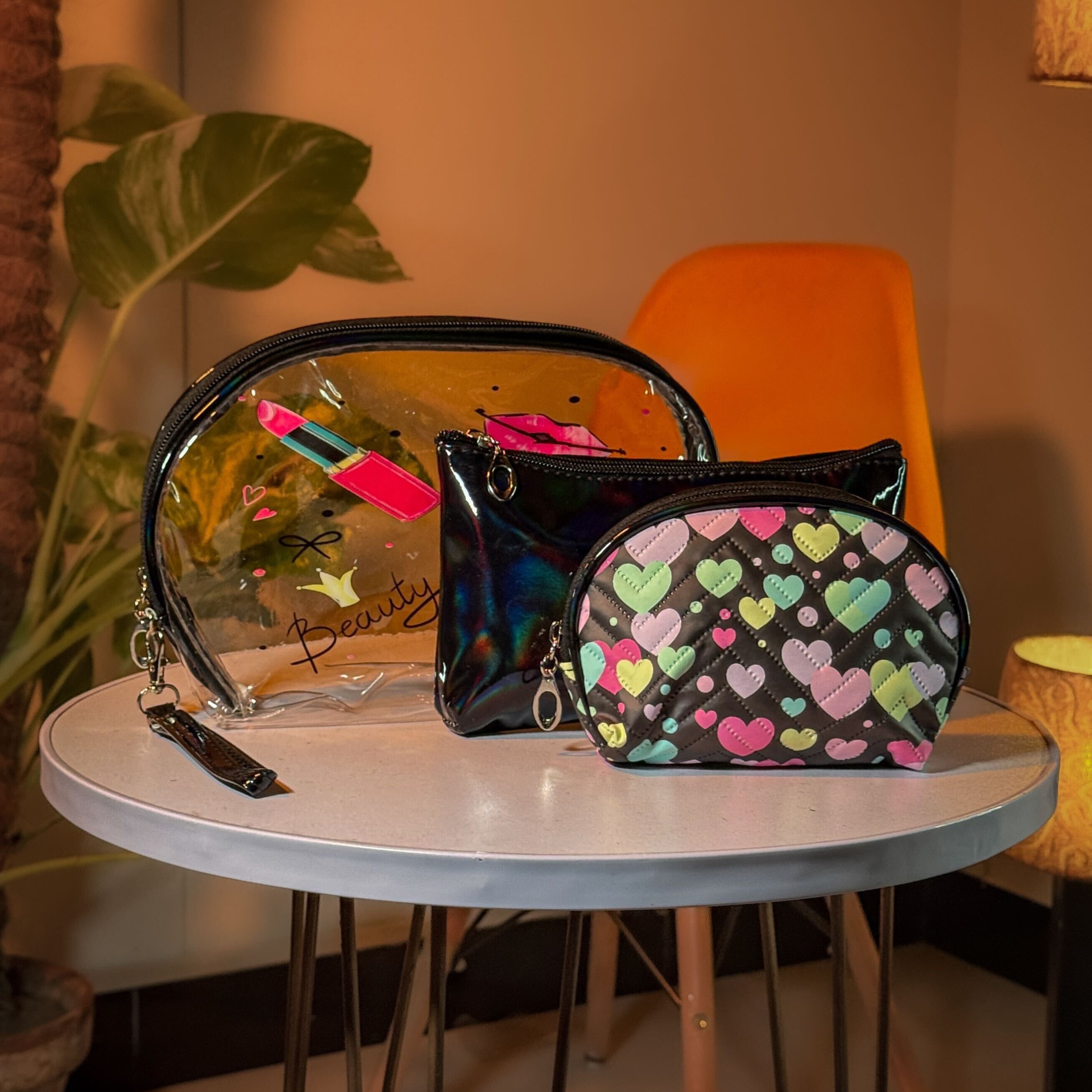 Makeup Bag Set – Clear Pink Organizer with Rainbow and Holographic Pouches