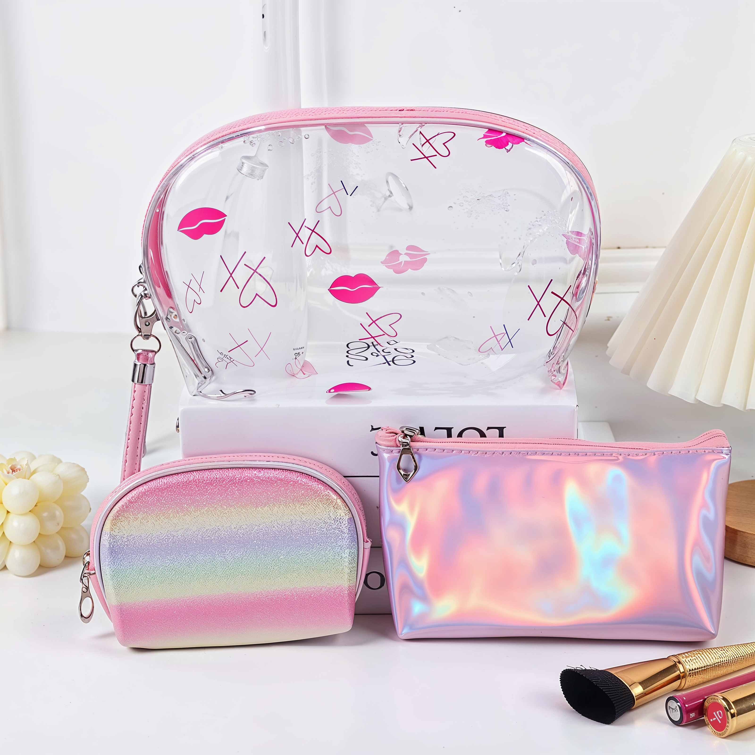 Makeup Bag Set – Clear Pink Organizer with Rainbow and Holographic Pouches