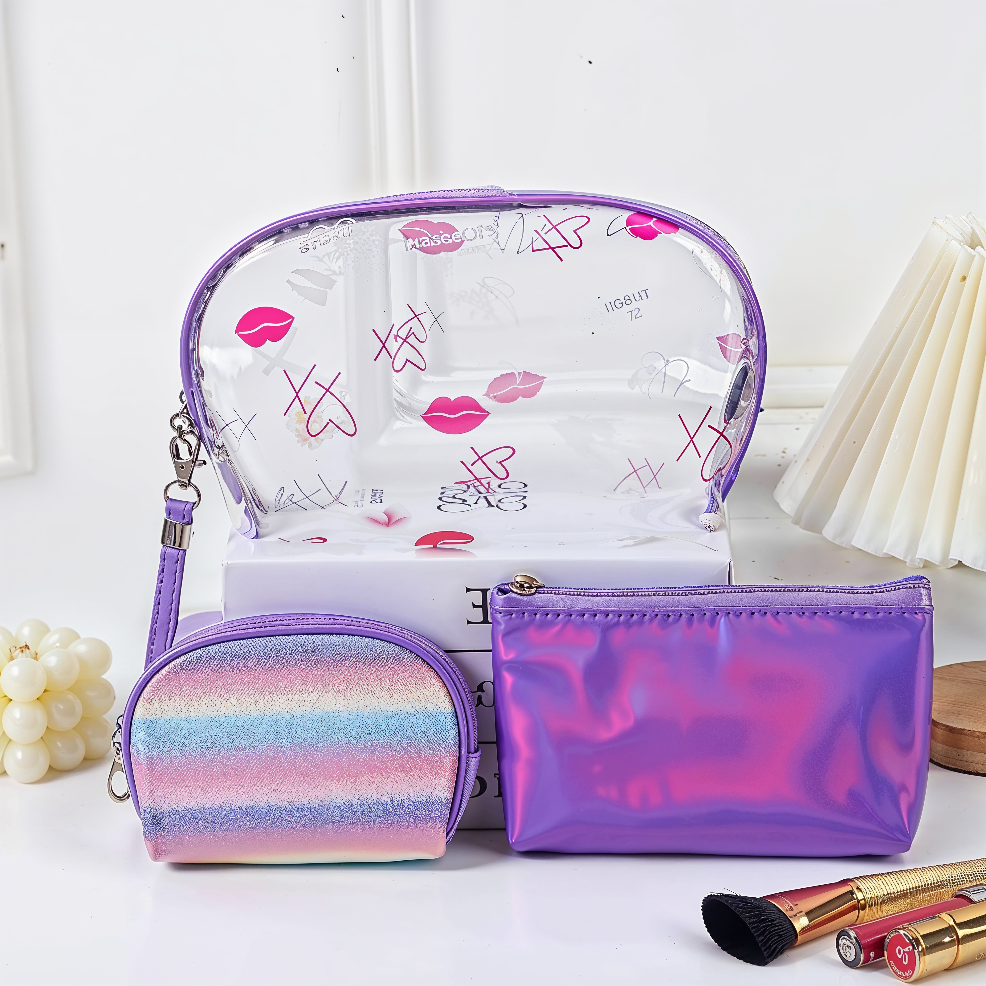 Makeup Bag Set – Clear Pink Organizer with Rainbow and Holographic Pouches