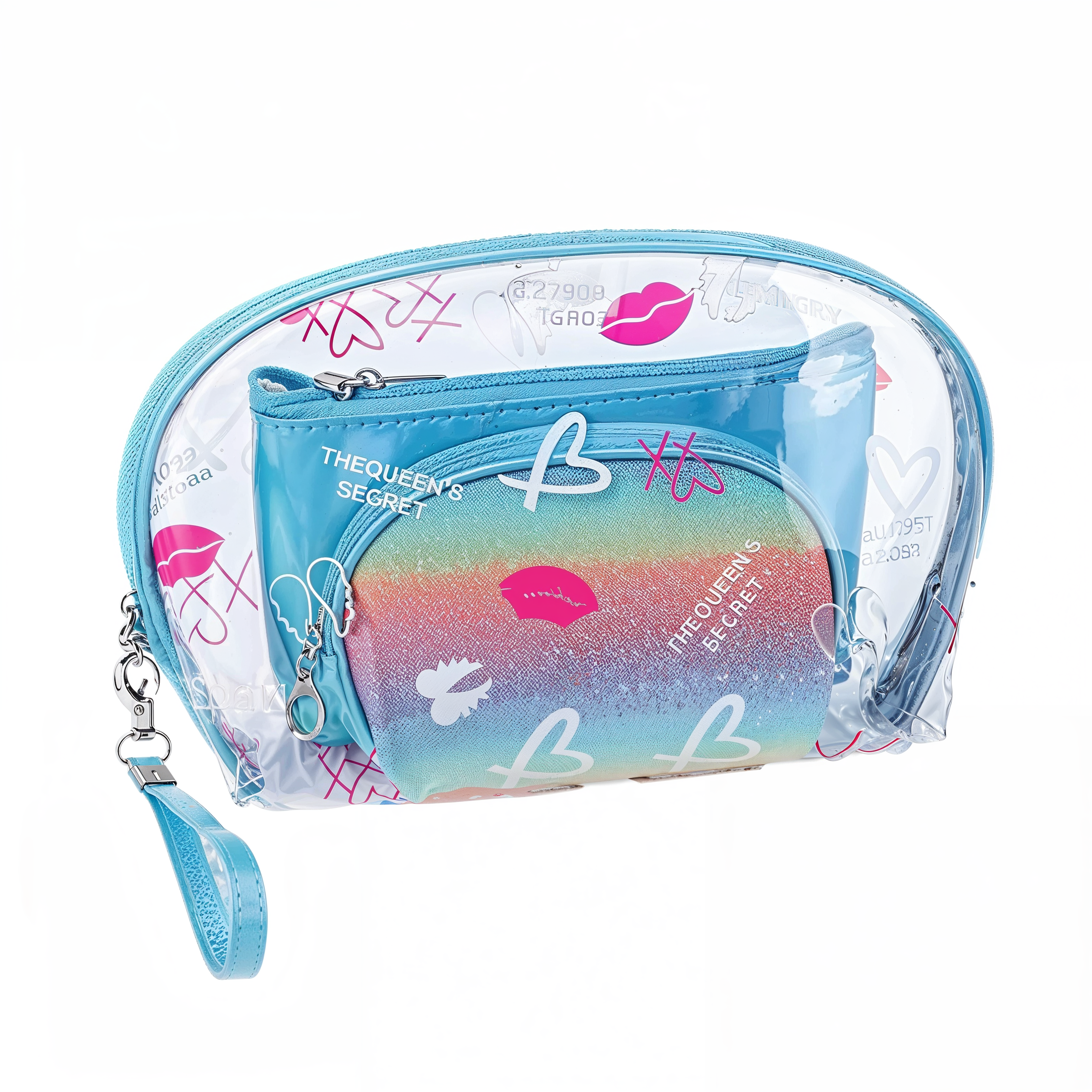 Makeup Bag Set – Clear Pink Organizer with Rainbow and Holographic Pouches