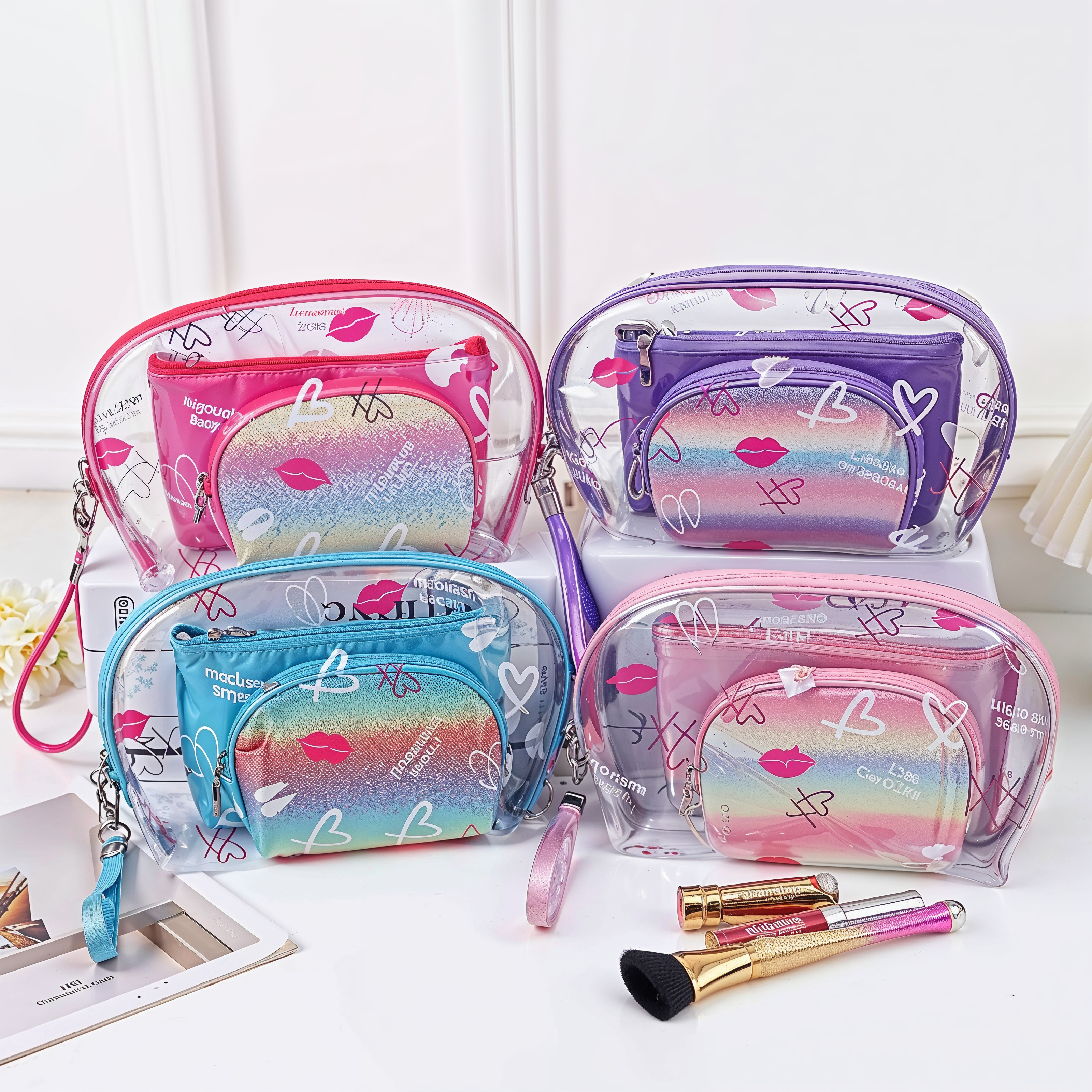 Makeup Bag Set – Clear Pink Organizer with Rainbow and Holographic Pouches