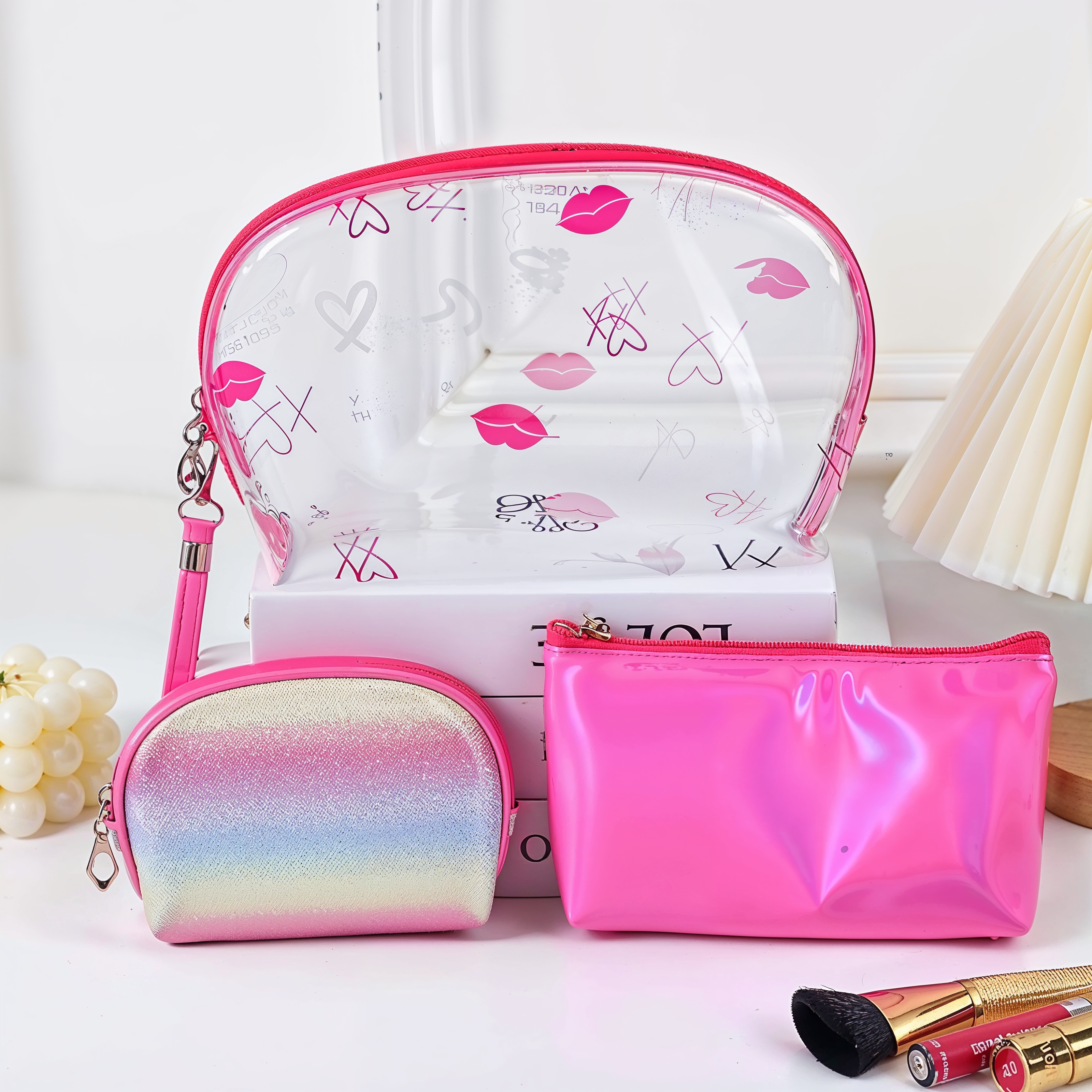Makeup Bag Set – Clear Pink Organizer with Rainbow and Holographic Pouches