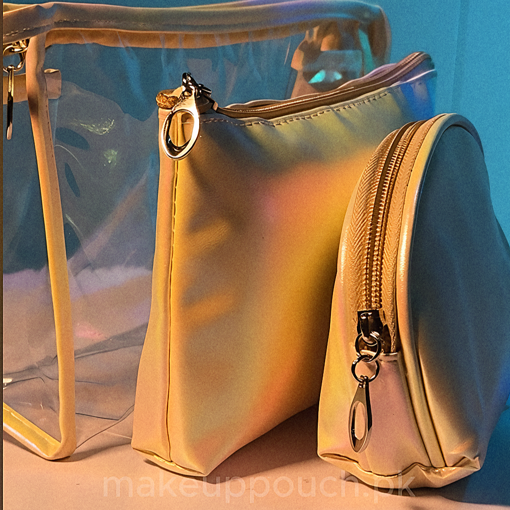 Hermosa 3-Piece Makeup Bag & Pouch Set – Clear Organizer with Holographic Pouches